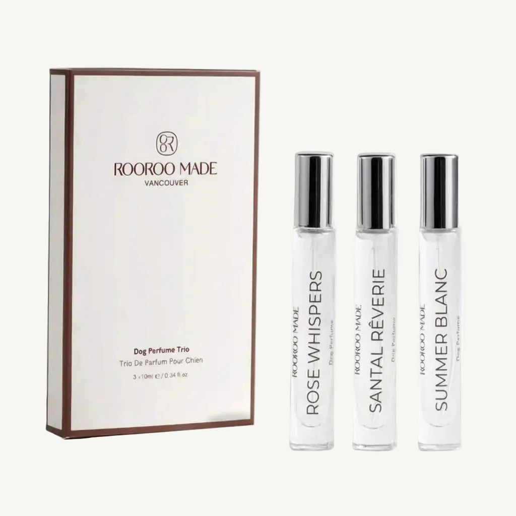 Rooroo Made dog perfume trio with three bottles and a box on a white background