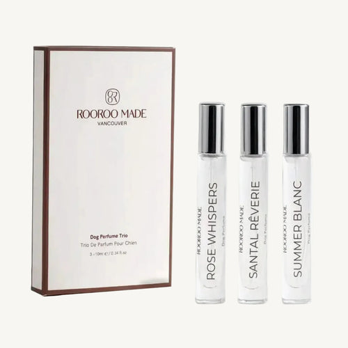 Rooroo Made dog perfume trio with three bottles and a box on a white background