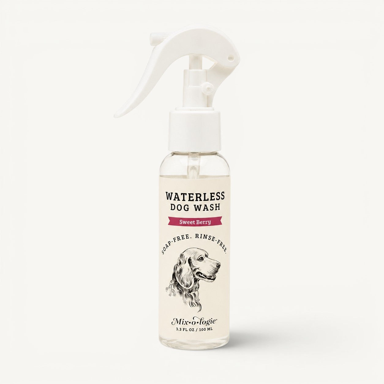 The Scented Canine Mix-o-logie Sweet Berry waterless dog wash spray in a 3.3-ounce clear bottle with a white trigger.