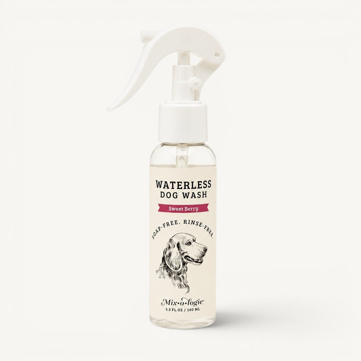 The Scented Canine Mix-o-logie Sweet Berry waterless dog wash spray in a 3.3-ounce clear bottle with a white trigger.