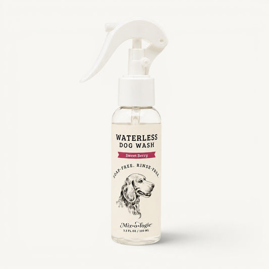 The Scented Canine Mix-o-logie Sweet Berry waterless dog wash spray in a 3.3-ounce clear bottle with a white trigger.