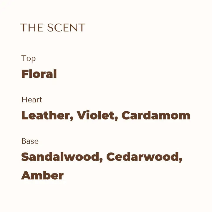 A minimalist text-based scent profile card on a warm off-white background, reading THE SCENT with notes for Top (Floral), Heart (Leather, Violet, Cardamom), and Base (Sandalwood, Cedarwood, Amber) in dark brown serif text.