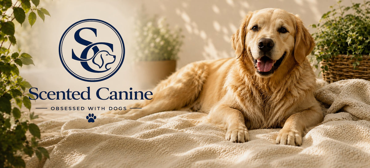 Scented Canine logo with a golden retriever resting on a cream blanket